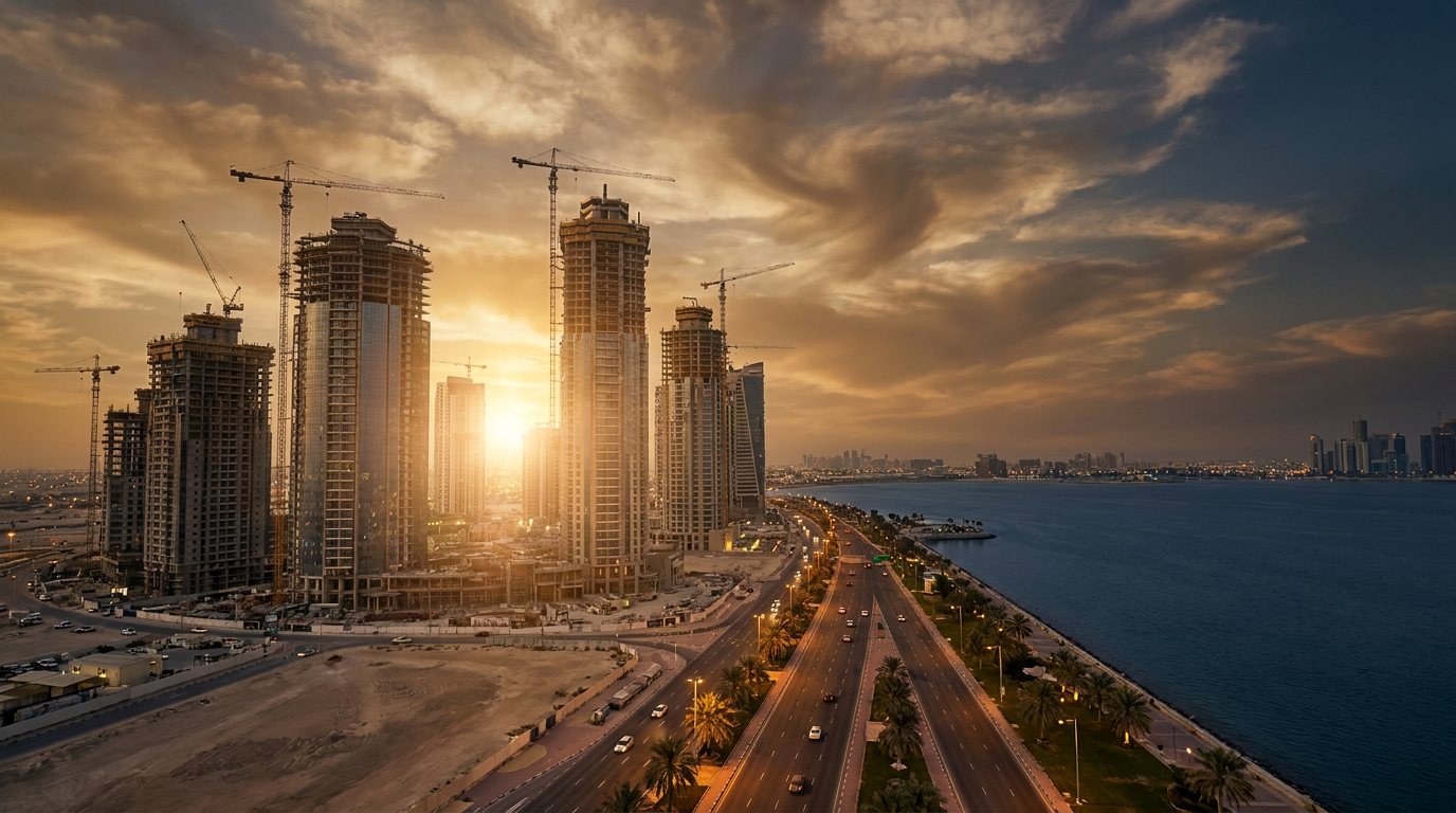 أبراج قيد الإنشاء مع رافعات بناء وقت غروب ذهبي في قطر