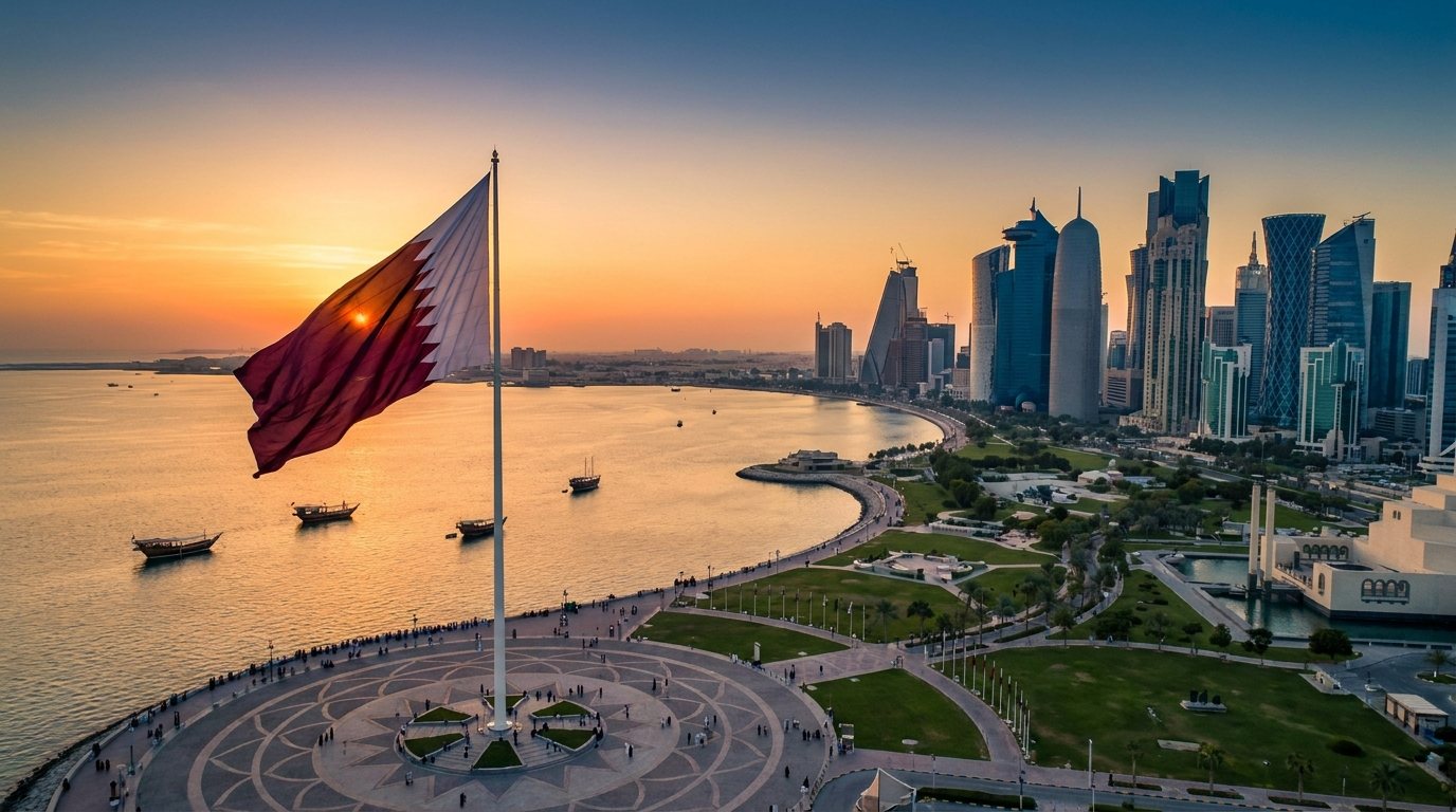 علم قطر يرفرف فوق كورنيش الدوحة وقت الغروب مع أفق المدينة الحديث
