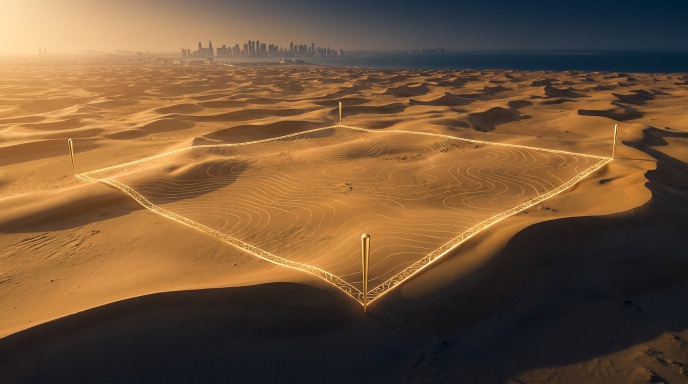 صورة جوية لأرض صحراوية قطرية تحدها خطوط ذهبية مضيئة وعلامات مواقع، والدوحة في الأفق