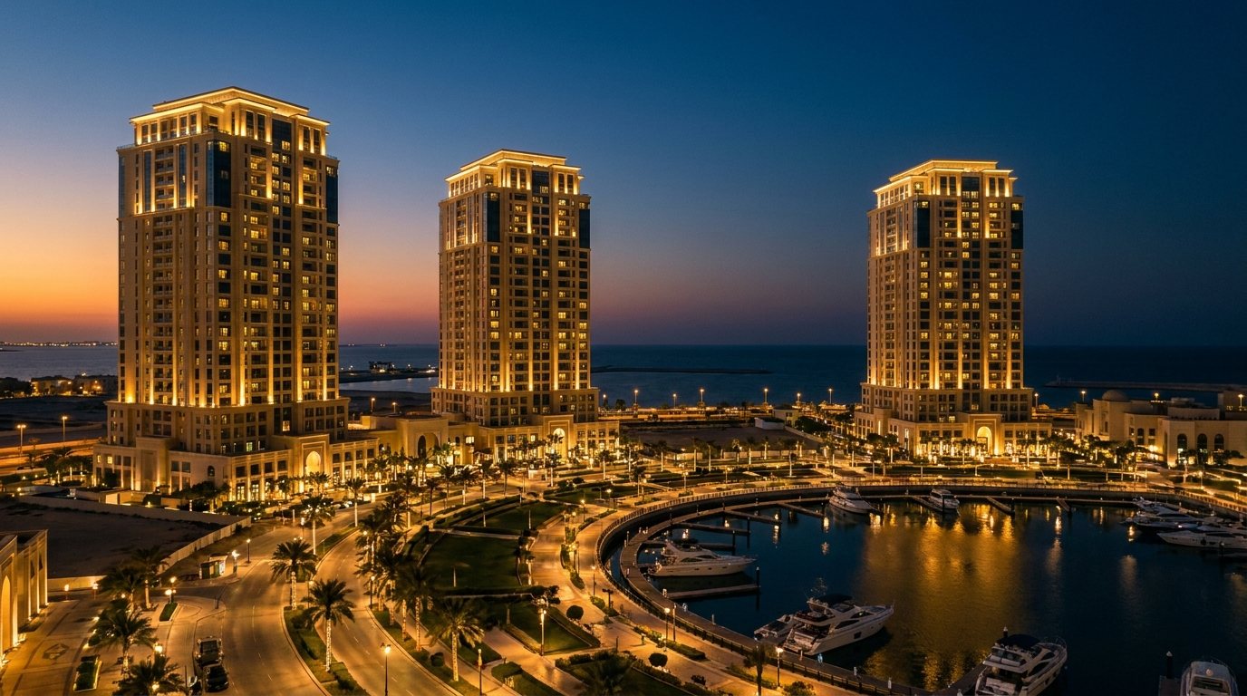 حي سكني فاخر مكتمل بأبراج مضاءة ومارينا وقت الغسق في قطر